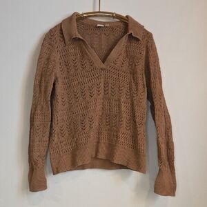 Gap Factory Boho Crochet Pointelle V-Neck Polo Sweater Sz L